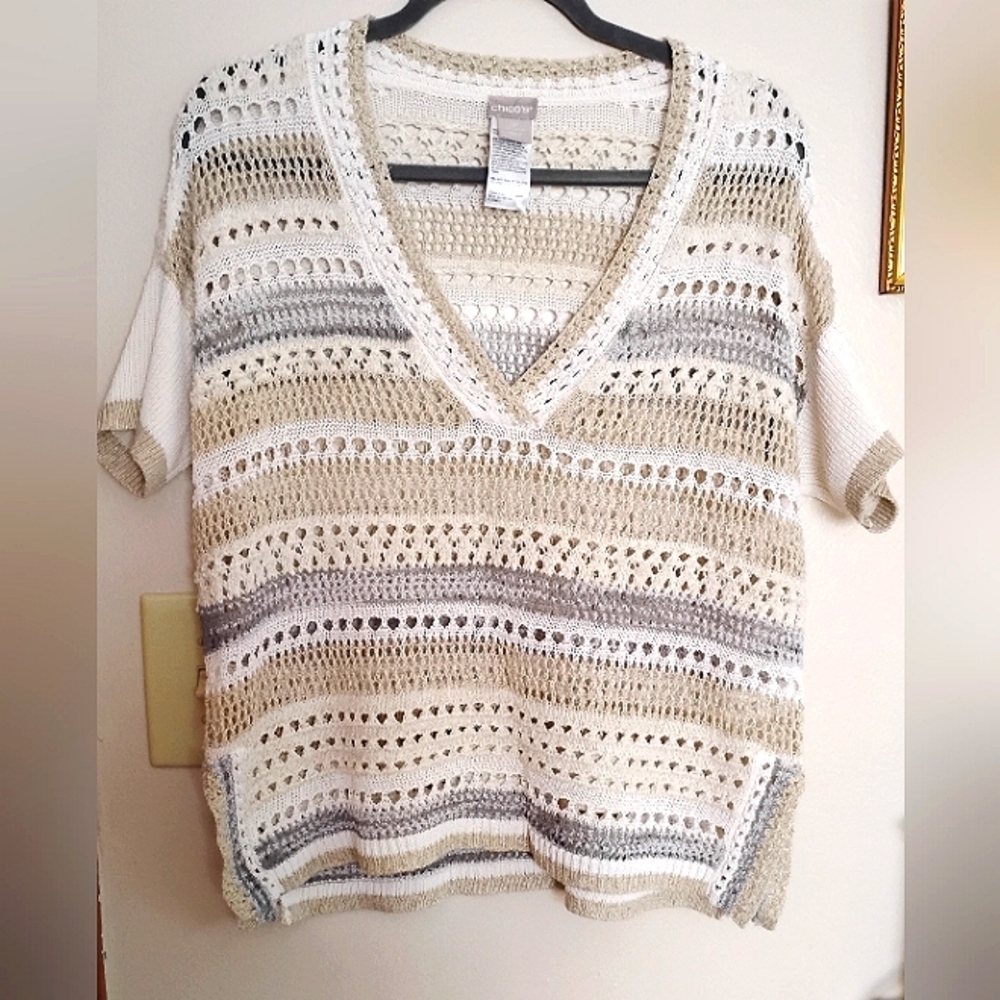 🍀Striped Crochet V-Neck Sweater